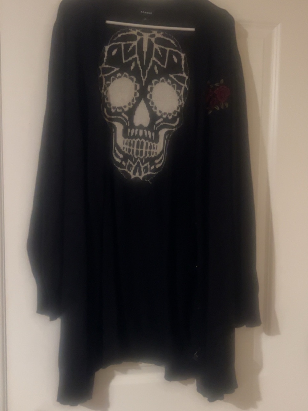 torrid Black Cardigan with White Sugar Skull and Red Rose Accent